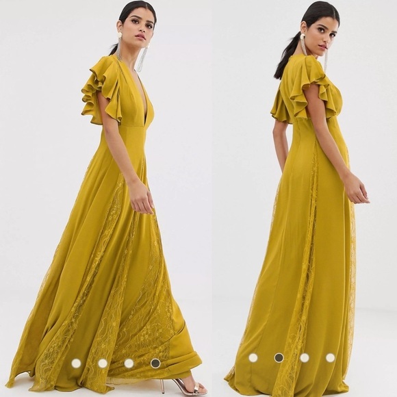 NEW Asos Yellow Flutter Sleeve Gown - Picture 1 of 8